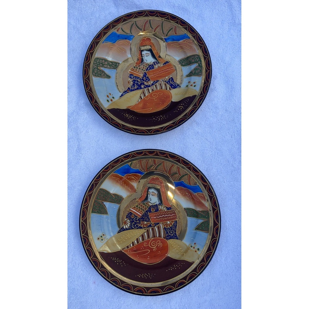 Vintage Hand Painted Japanese Satsuma Moriage Immortals Plates 7 1/4" Lot Of 2